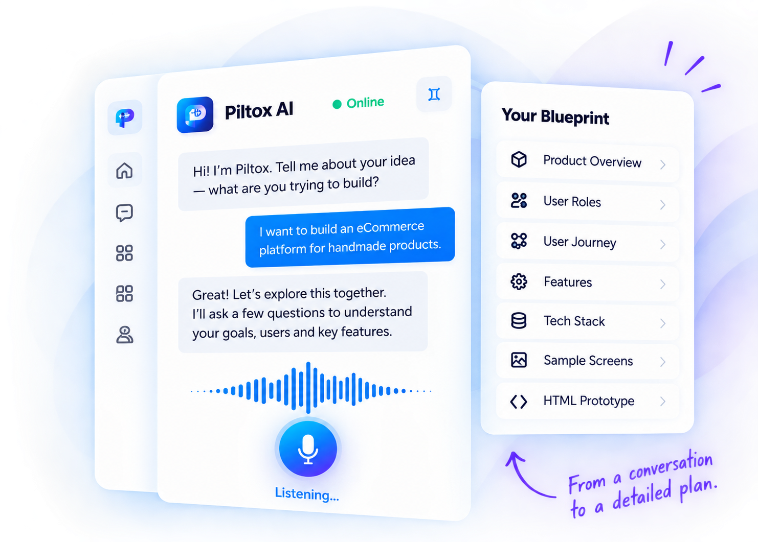 Piltox AI chat and blueprint panel